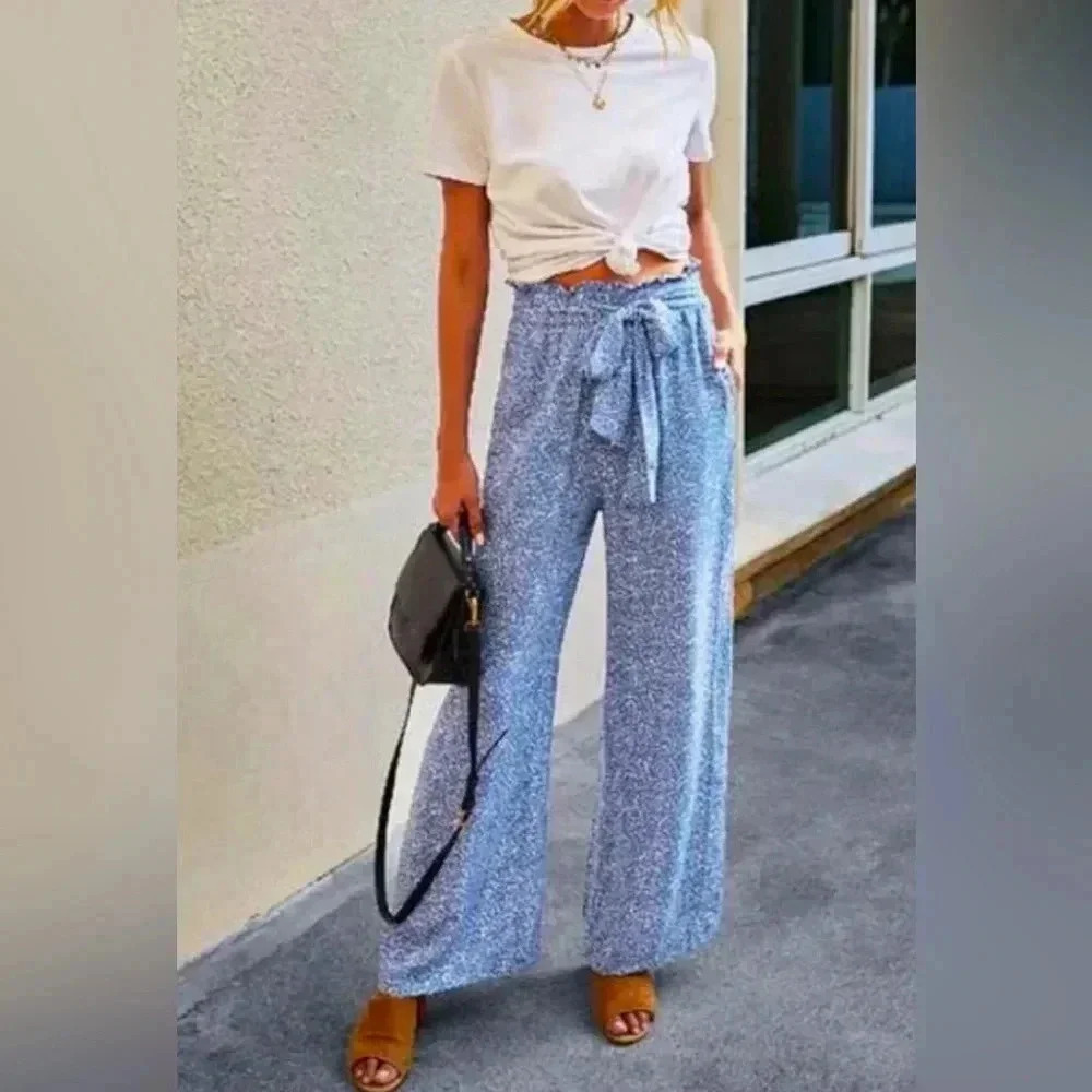 Coastal Chic Print Wide Leg Drawstring Pants Ocean Blue Womens size L